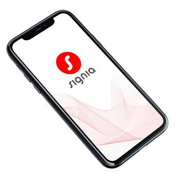 black_smartphone_with_white_screen_and_signia_logo_with_red_geometic_shaped_image_for_hearing_aids_available_in_falmouth
