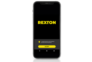 rexton hearing aid app featured on apple iphone with black screen and yellow text available in e-town