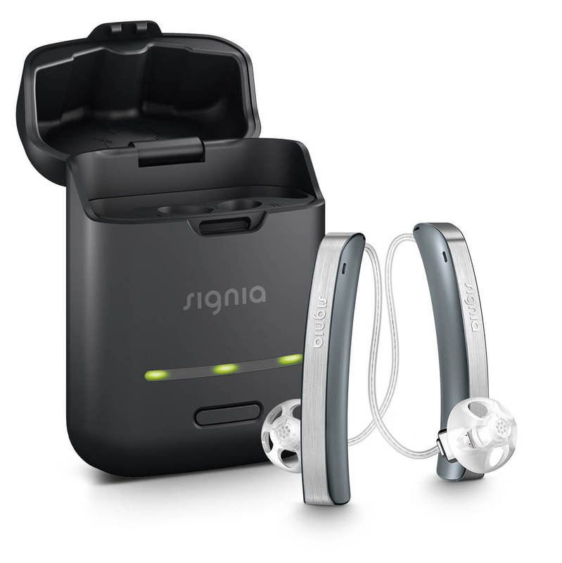 black signia styletto hearing aid with rechargeable lithium ion battery
