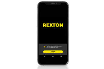 black smartphone with yellow text for rexton app logo and yellow accept button against black screen compatible with rexton hearing aids from milton grove