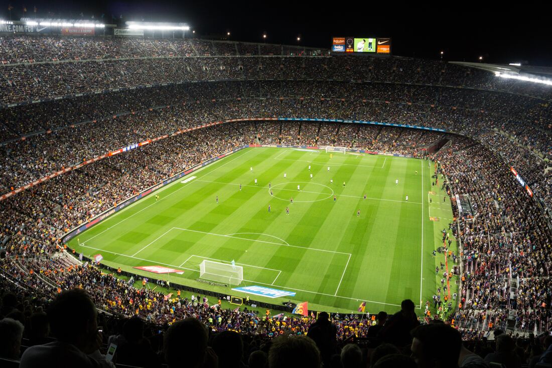 A crowded soccer stadium reaches dangerous noise levels and requires wearing earplugs.