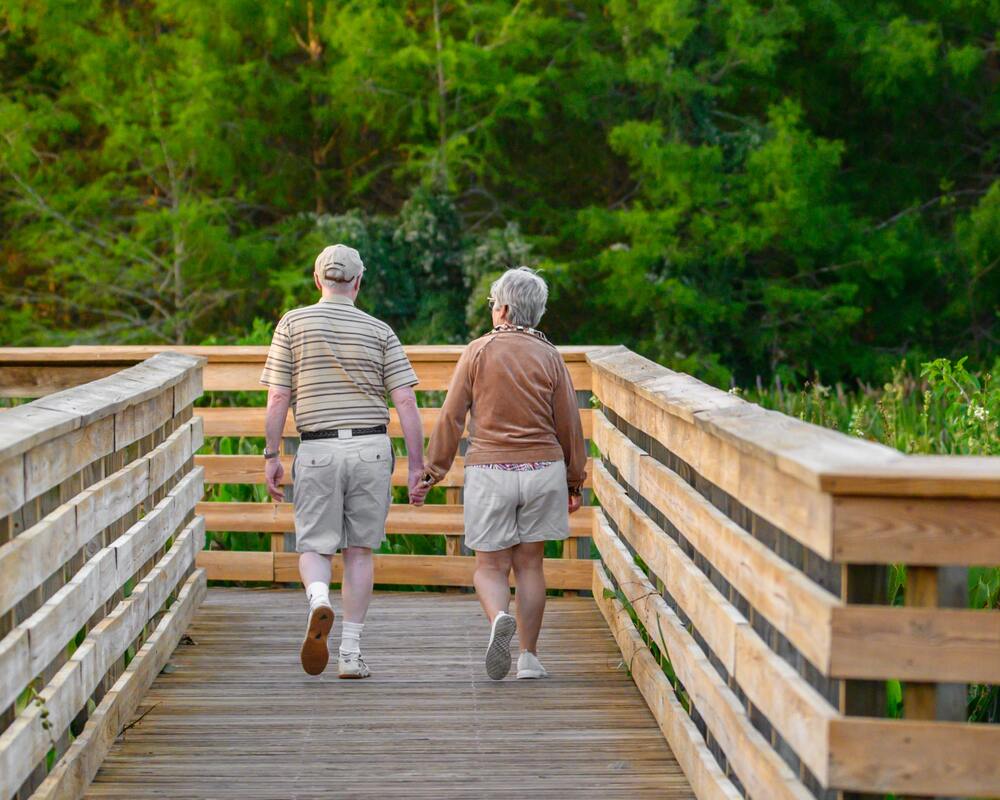 An elderly couple with hearing aids walks hand in hand on a wooden bridge in a green forest.