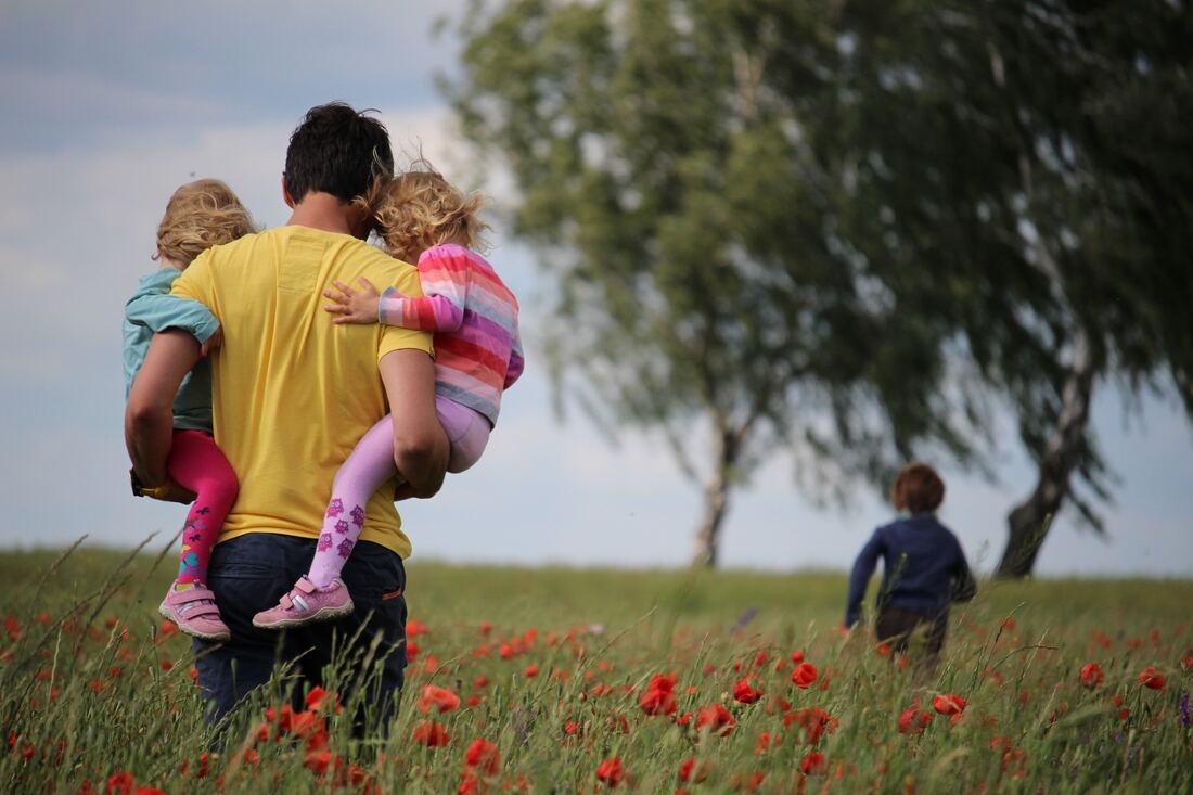 father holds two daughters while walking in flower field with son in front of them