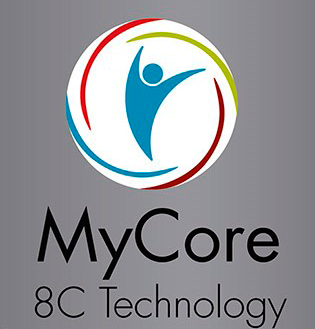 grey square with blue figure and colorful swirls hearing aids logo with mycore 8c technology in willow street