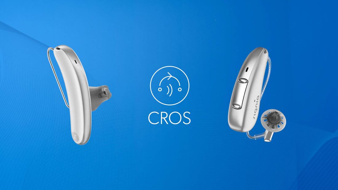 Signia hearing aids with domes against a blue backdrop feature the text CROS with a CROS hearing aid symbol in the center.