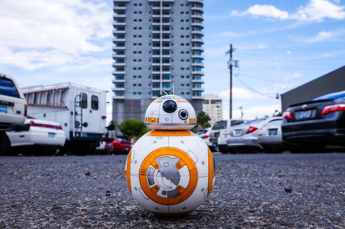 A BB 8 toy from Star Wars sits among cars in a Lancaster County parking lot and makes loud noises.