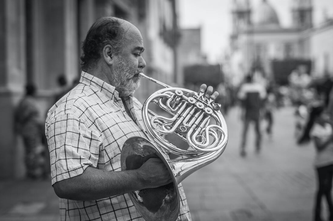 man plays the french horn