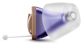 purple in the ear hearing aid with click sleeve from lancaster hearing aid