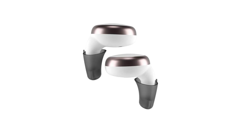 A pair of Signia white and rose gold hearing aids with grey domes.