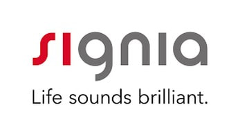 signia life sounds brilliant hearing aid logo in red and grey letters