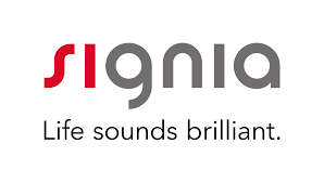Signia Life sounds brilliant logo in red and grey letters.