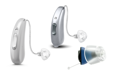 silver behind-the-ear and blue in-the-ear CROS hearing aids