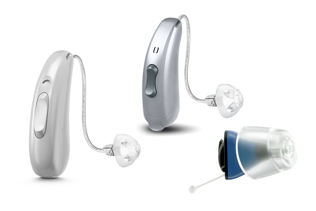 silver clear and blue rexton hearing aid products with domes