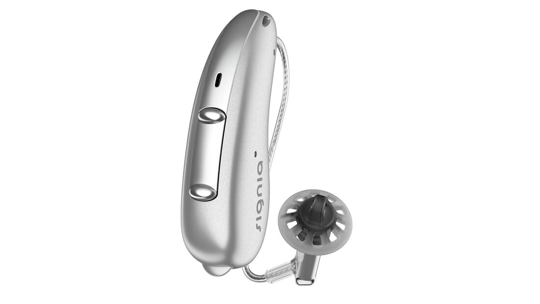 The silver behind-the-ear hearing aid from Signia features a dome earpiece.